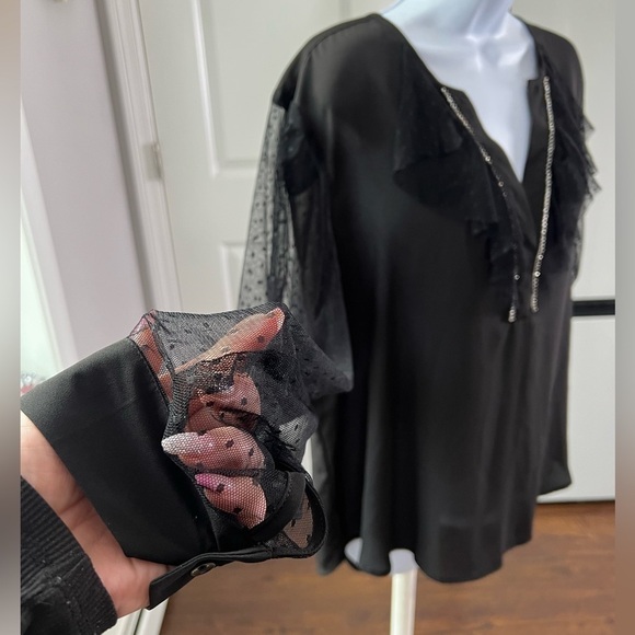 LIBBY Edelman Black Rhinestone V-Neck Sheer Long Sleeve Formal Top Size XXL NWT - Picture 3 of 17